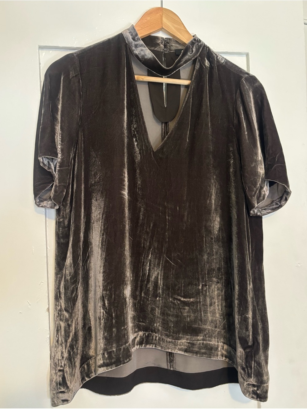 Madewell Charcoal Velvet V-Neck Short Sleeve Top with Mock Collar